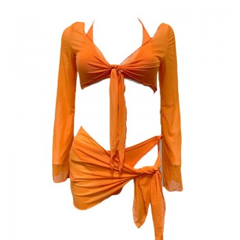 Women Floral Print Bikinis Set 2023 New Sexy Three Piece Beach Push Up Summer Long Sleeve Twist Swimwear